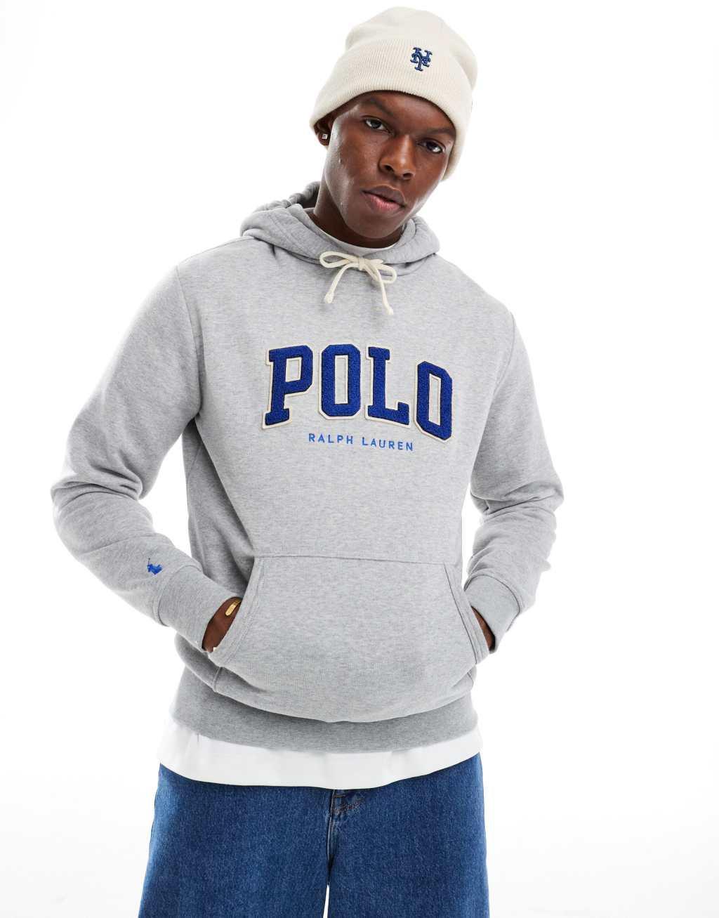 Polo Ralph Lauren chenille applique logo fleece hoodie in heather gray Product Image