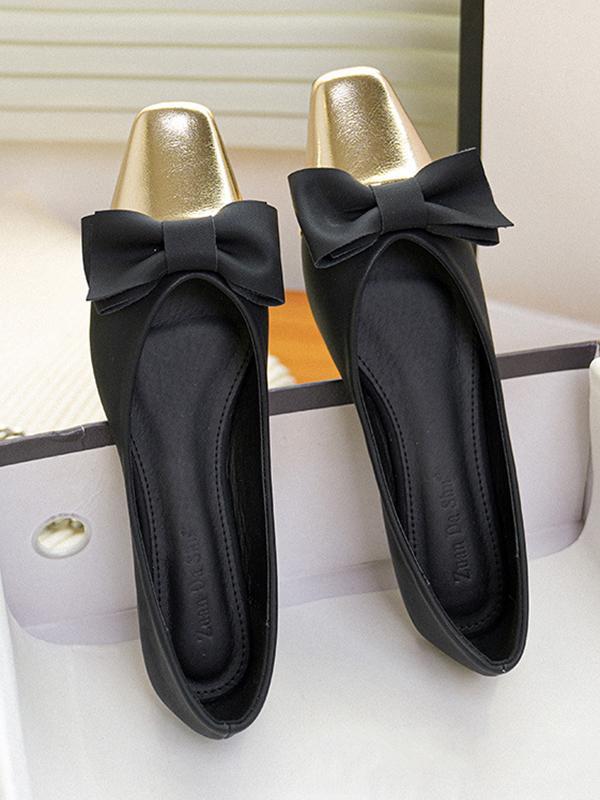 Bowknot Contrast Color Shallow Cut Split-Joint Square-Toe Flats Product Image