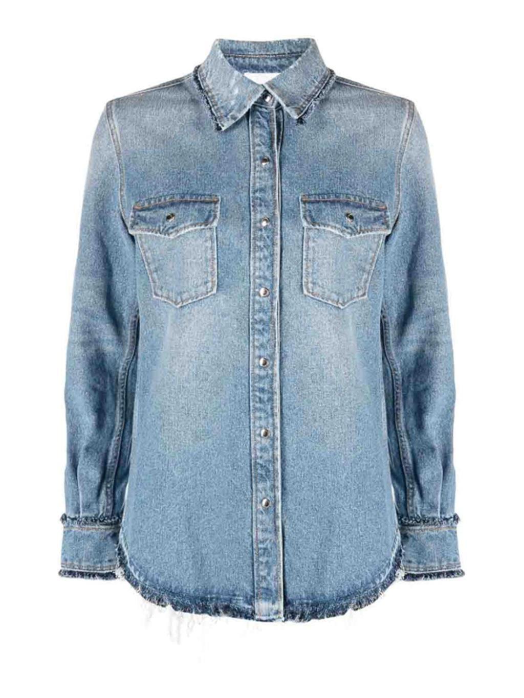 Frayed-edge Recycled Denim Collared Shirt In Sky Blue Product Image