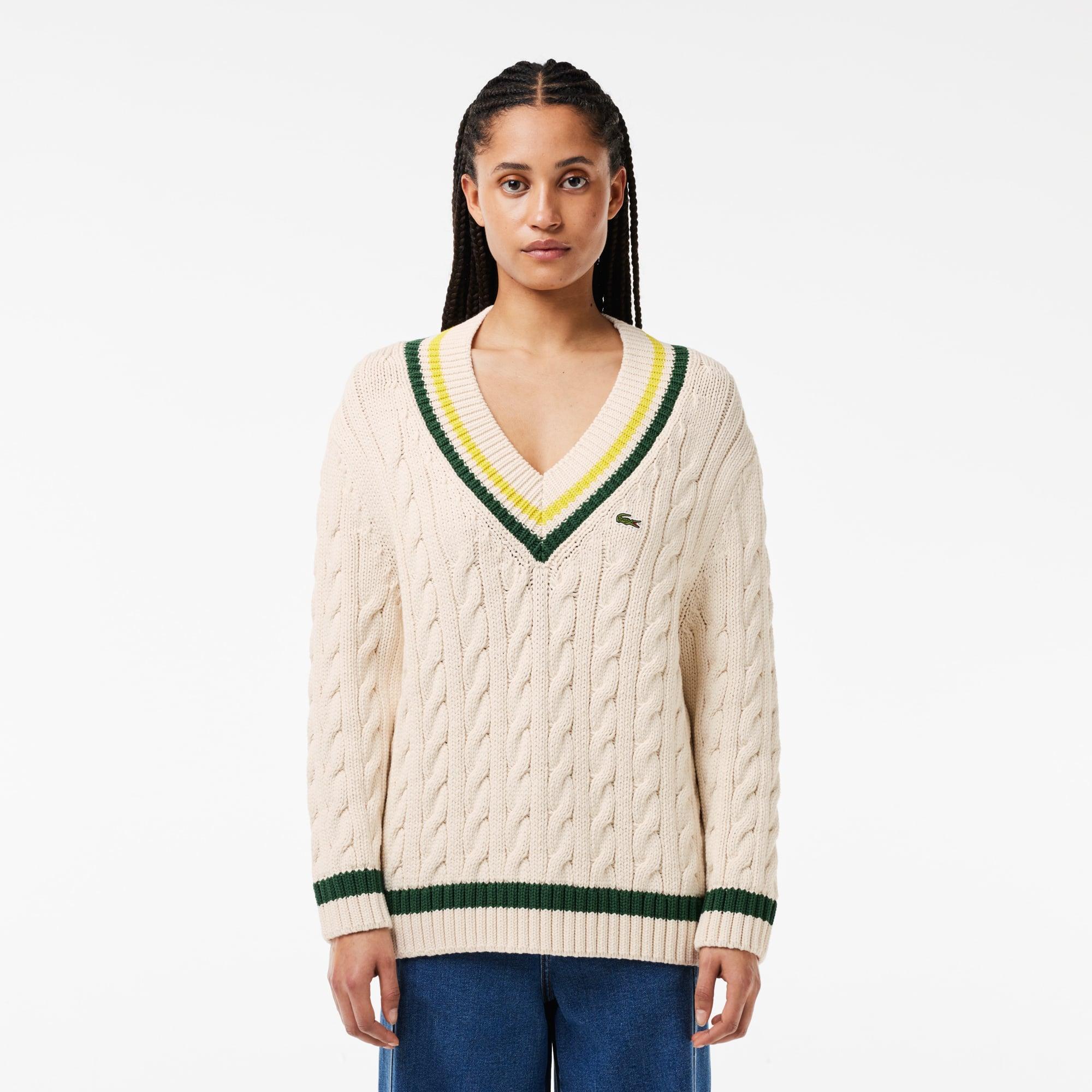 Women's V-Neck Cable Knit Cotton Tennis Sweater product image