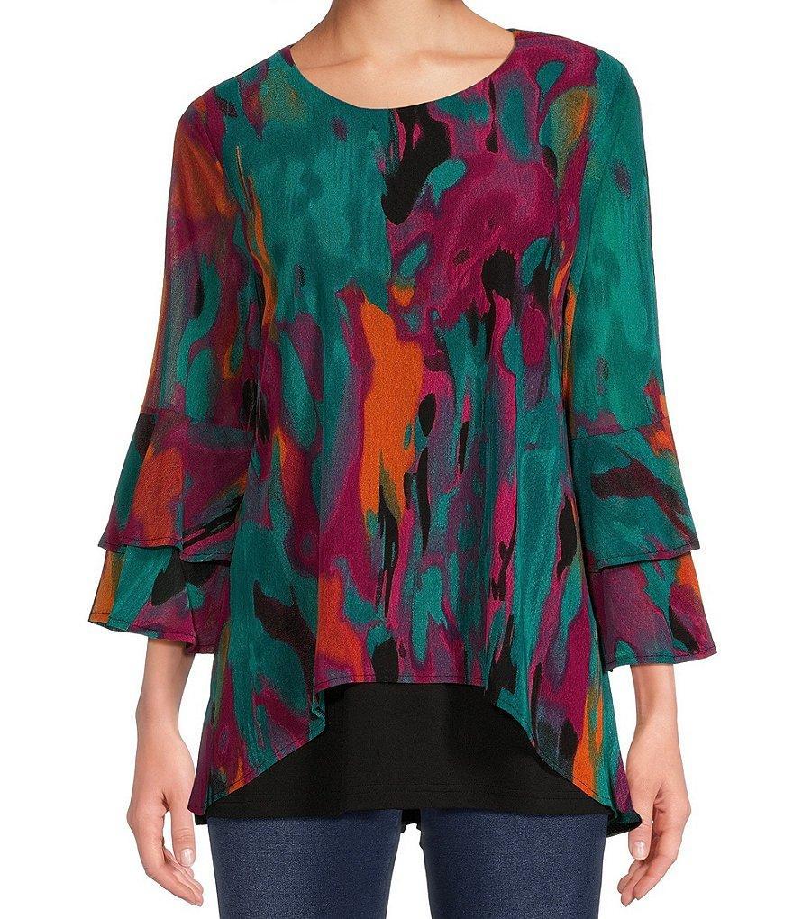 Calessa Petite Size Mesh Knit Abstract Print Crew Neck Bracelet Length Sleeve Double Layered Hem Tunic Product Image