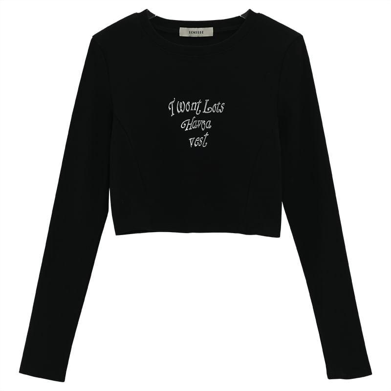 Long-Sleeve Crew Neck Lettering Cropped Tee Product Image