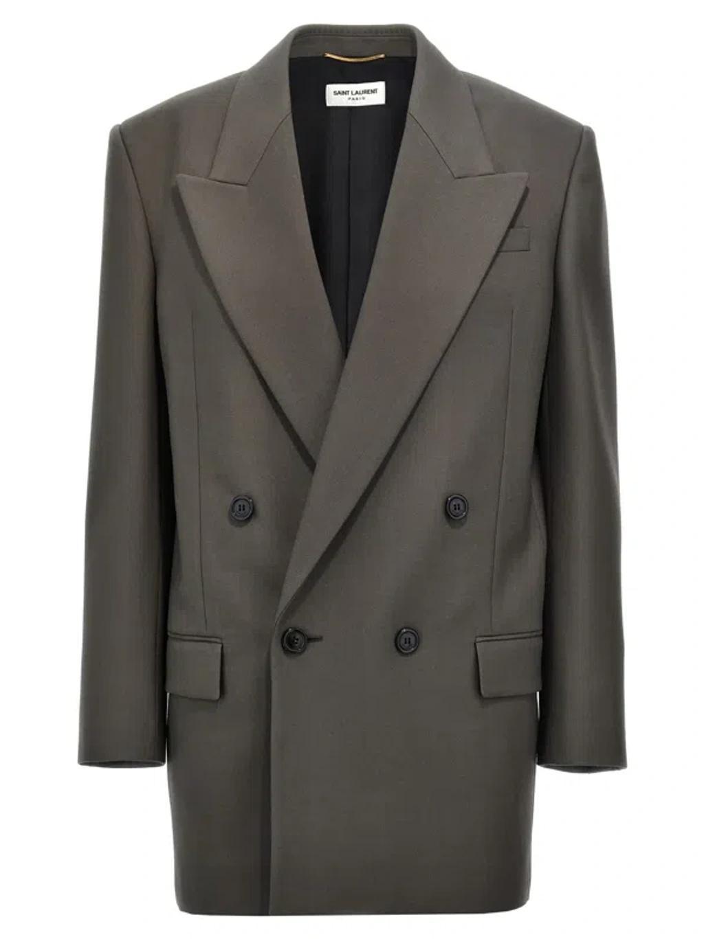 Gabardine Double Breasted Blazer In Grey Product Image