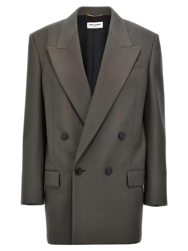 Gabardine Double Breasted Blazer In Grey Product Image