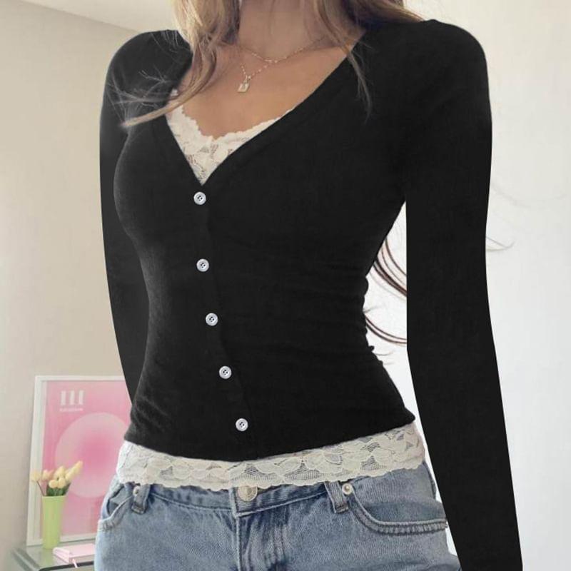 Long Sleeve V-Neck Mock Two Piece Button Panel Lace Top Product Image