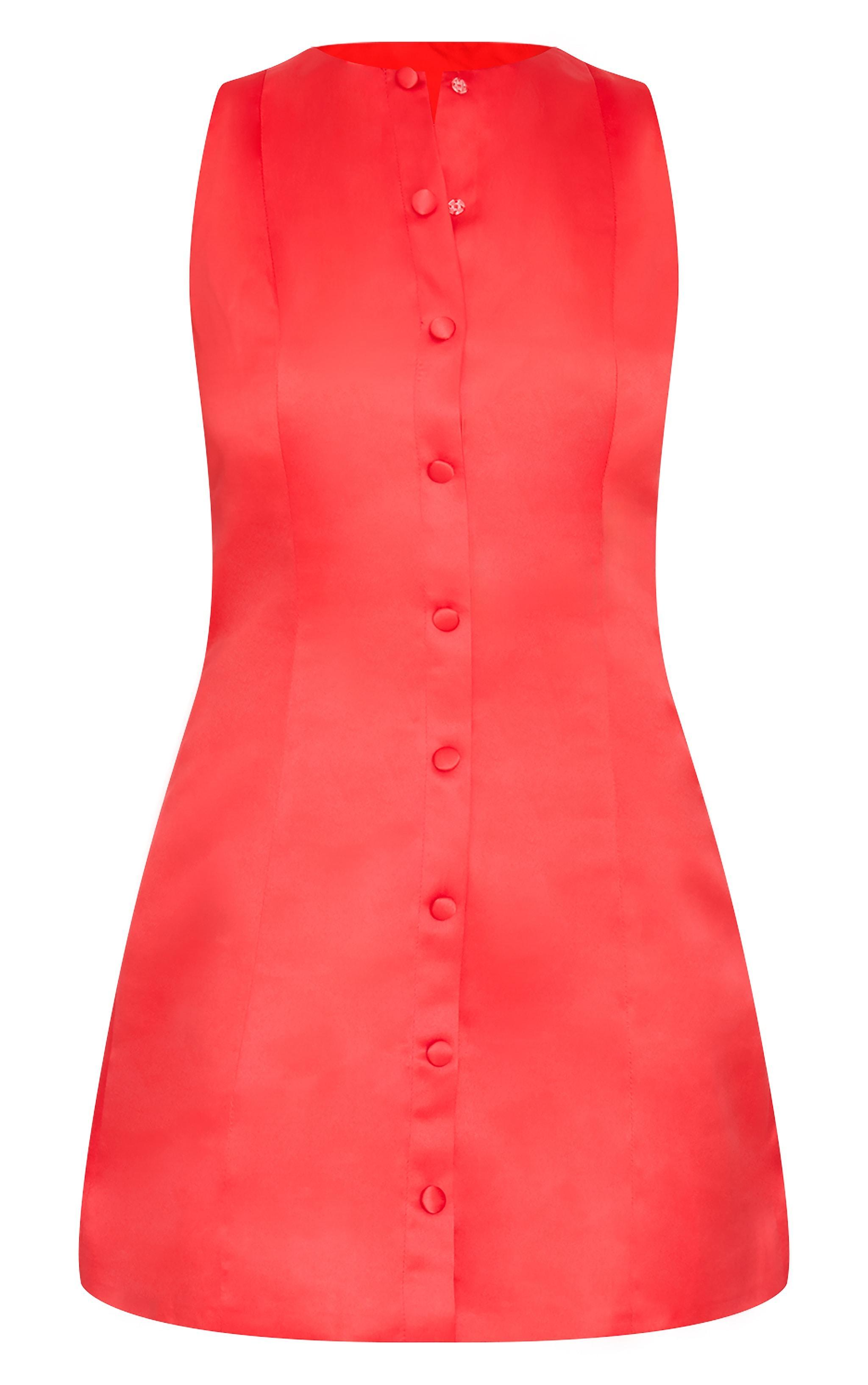 Red Satin Button A-line Dress Product Image