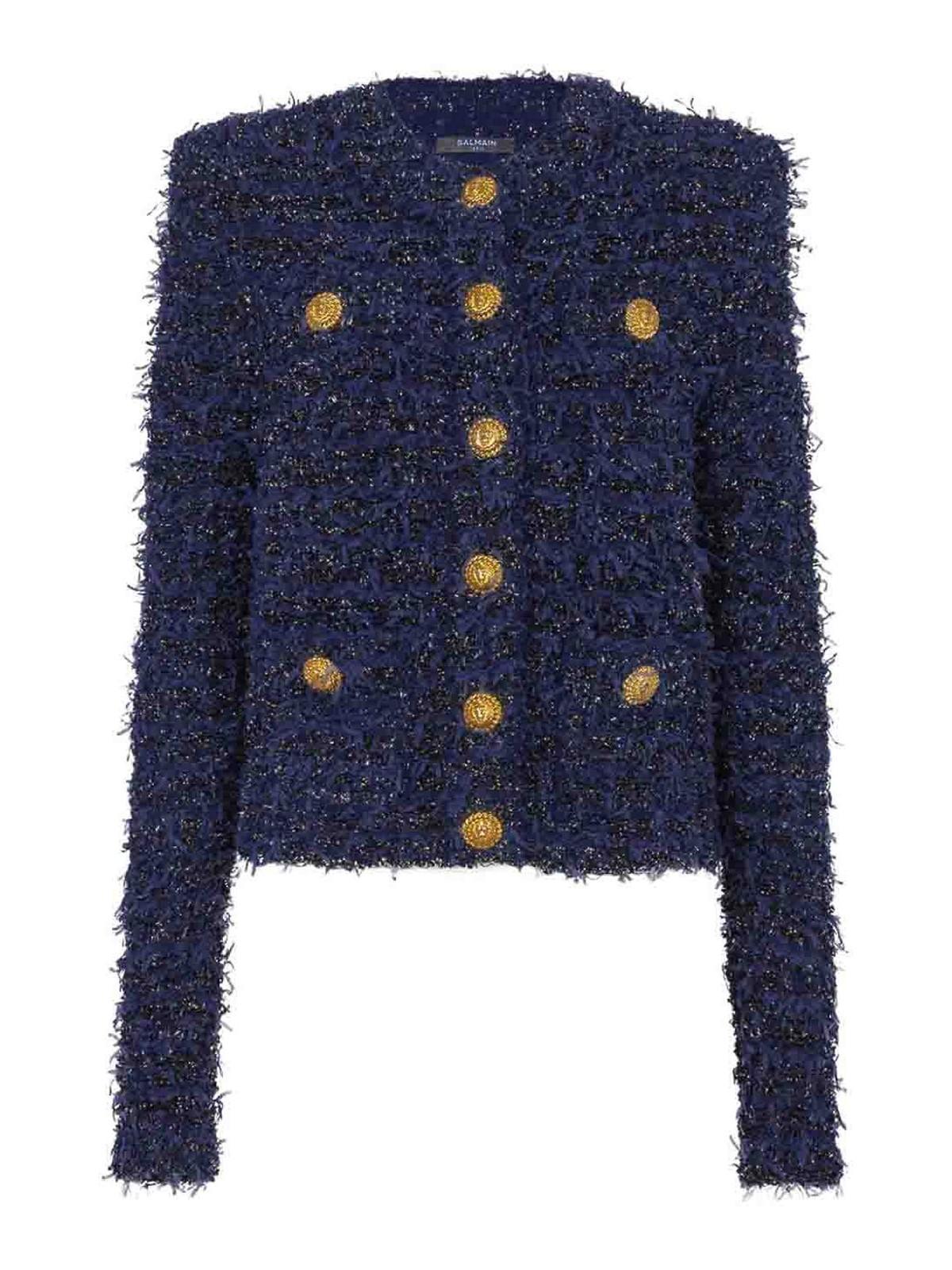 BALMAIN Buttoned Tweed Jacket In Blue Product Image