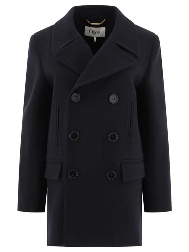 CHLOÉ Double-breasted Wool-crepe Coat In Blue Product Image