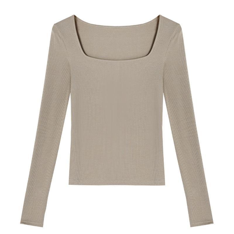 Long-Sleeve Square Neck Plain Top Product Image