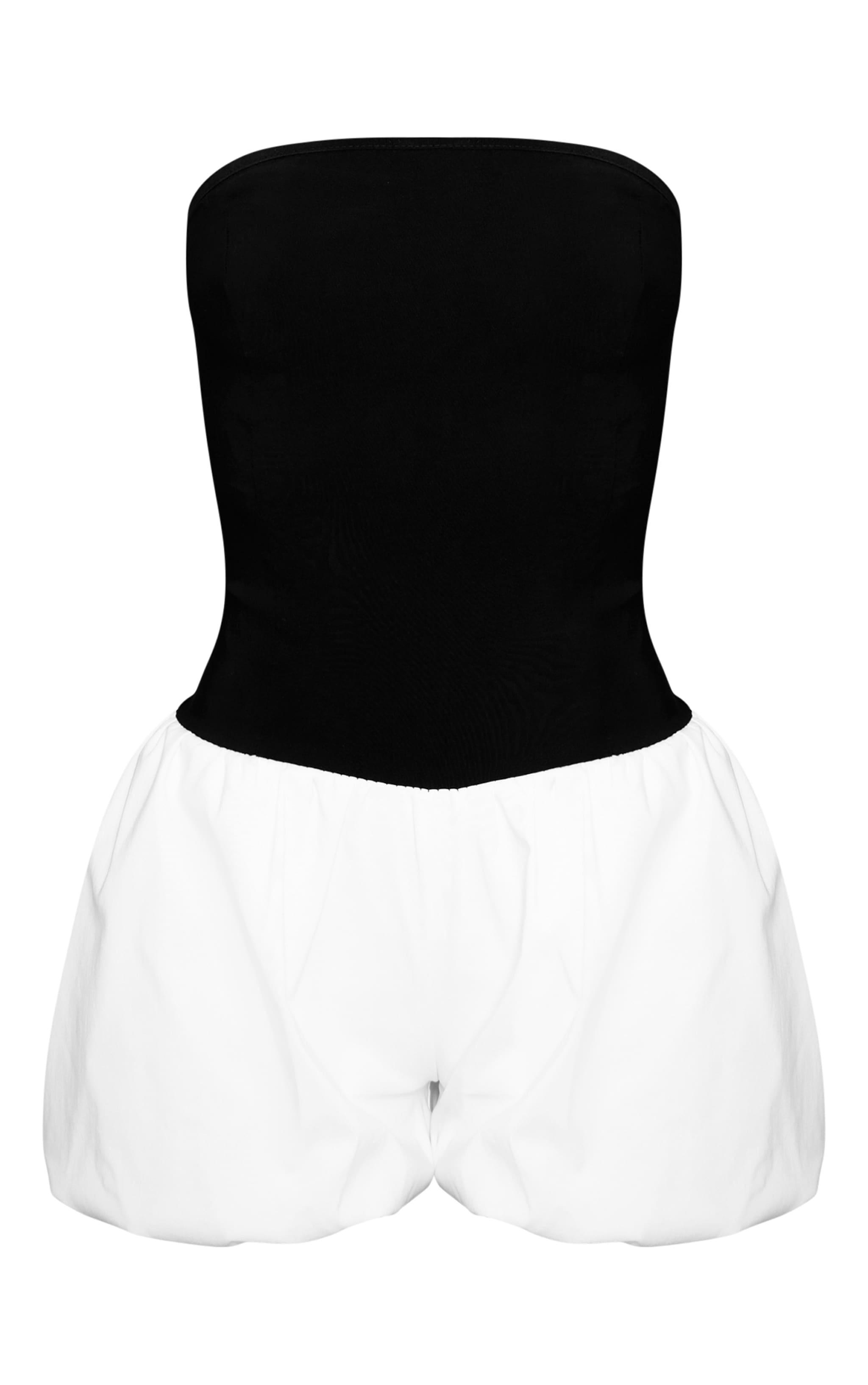 Black Stretch Woven Bubble Hem Bandeau Romper Product Image