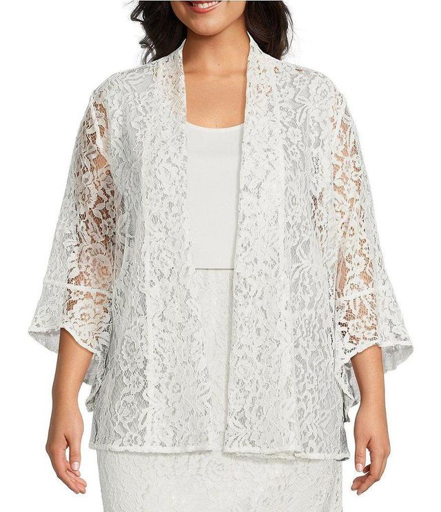 Caroline Rose Plus Size Julia Floral Lace 3/4 Ruffled Sleeve Drape Front Open-Front Cardigan Product Image