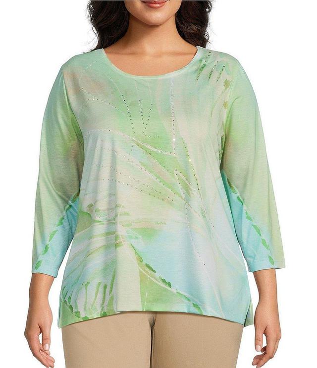 Allison Daley Plus Size Embellished Butterfly Print 3/4 Sleeve Crew Neck Knit Top Product Image