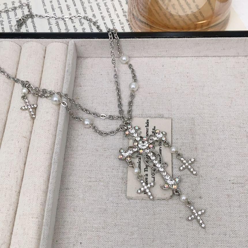 Rhinestone Cross Faux Pearl Layered Necklace Product Image