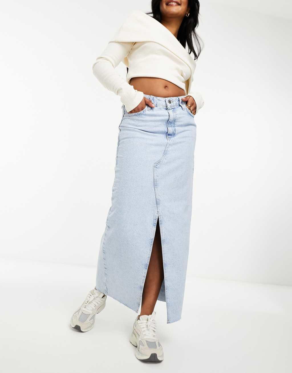 River Island split front denim midi skirt in light blue product image