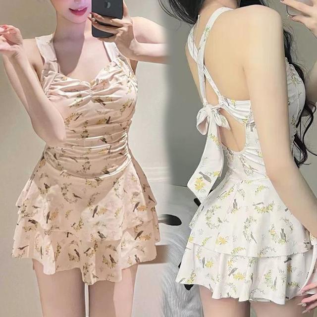 Sleeveless Ruched Tiered Swim Dress Product Image