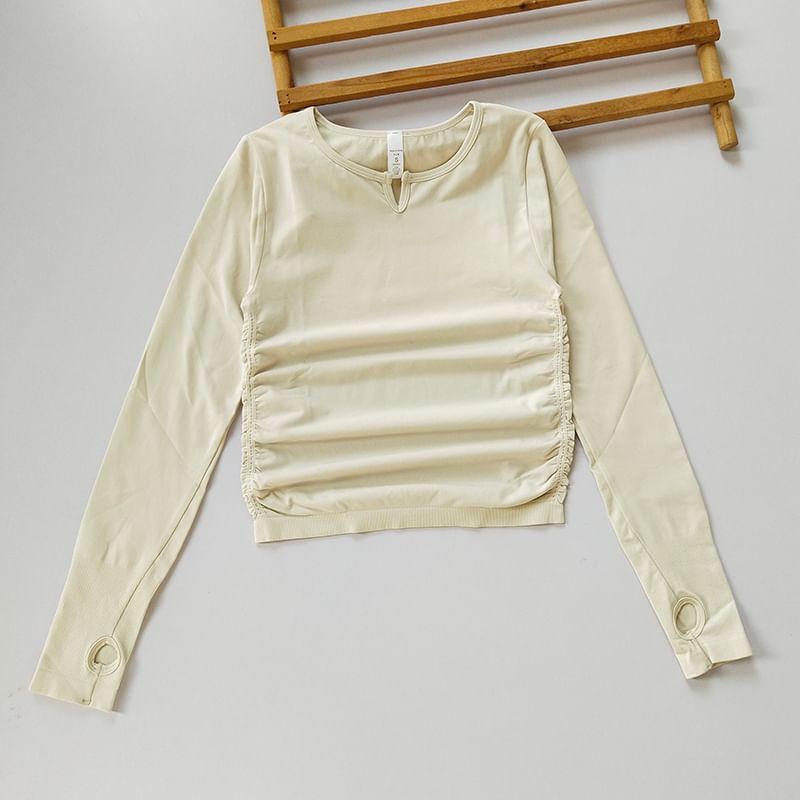 Long Sleeve Notch Neck Plain Ruched Sport Crop Top Product Image