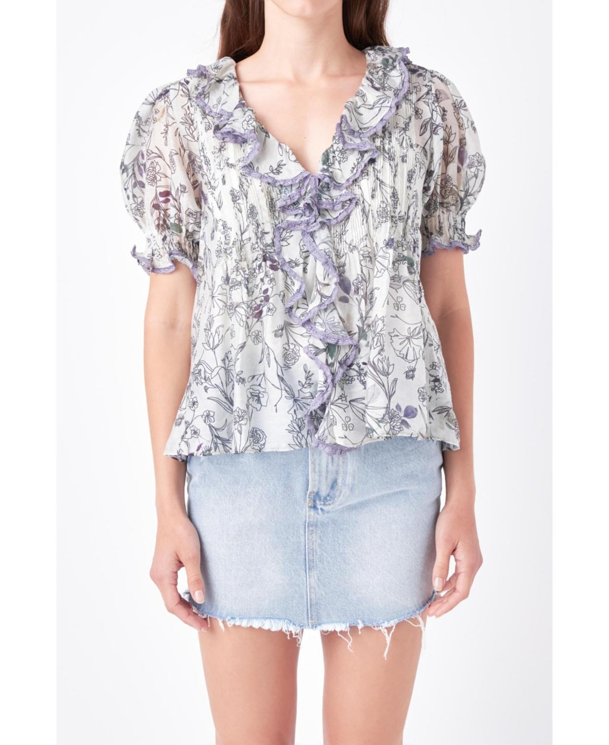 Womens Abstract Floral Print Ruffle Top Product Image