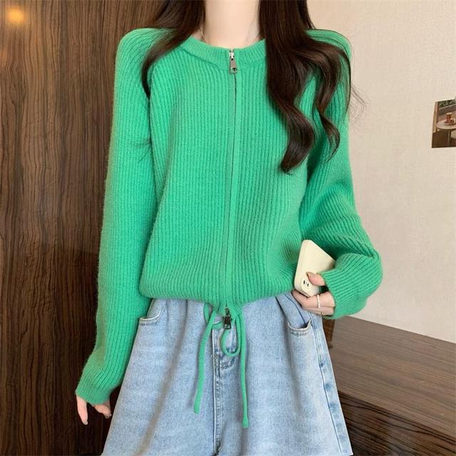 Round Neck Ribbed Zip Cardigan Product Image