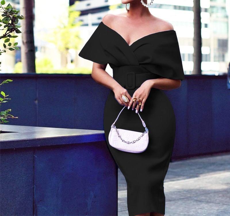 Off Shoulder Plain Midi Sheath Dress Product Image