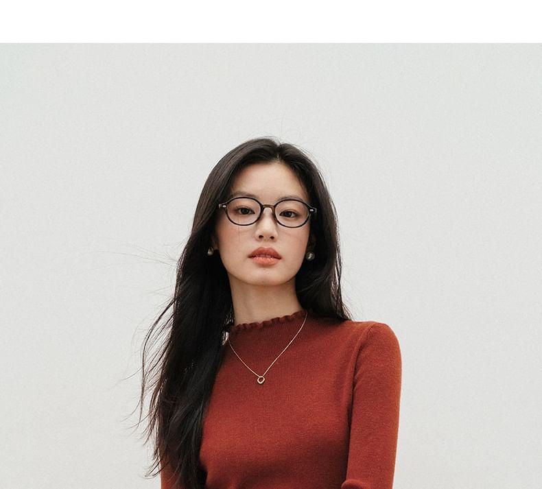 Long-Sleeve Mock Neck Plain Lettuce Edge Slim Fit Knit Top Product Image