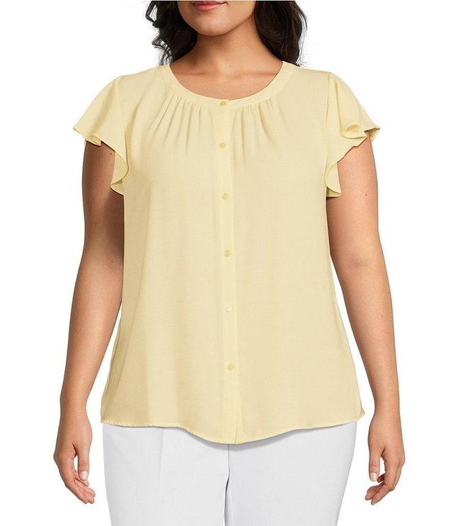 Investments Plus Size Woven Button Front Flutter Cap Sleeve Top Product Image