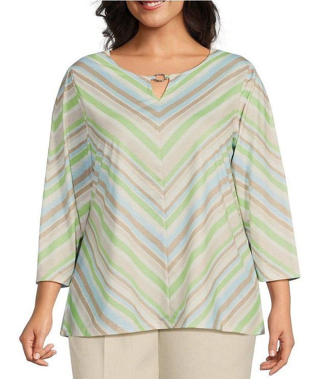 Allison Daley Plus Size Miter Stripe 3/4 Sleeve Keyhole Neck Knit Top Product Image