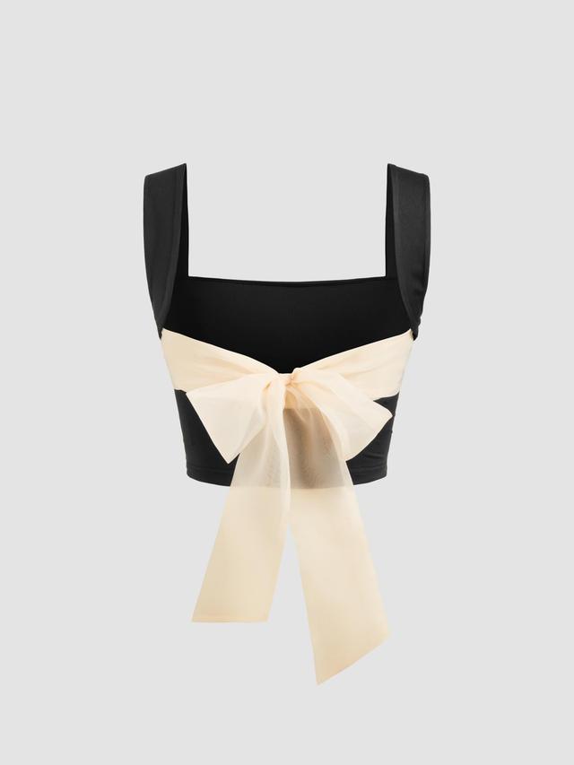 Square Neck Bowknot Ruched Crop Tank Top Product Image