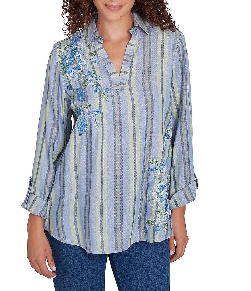 Ruby Rd. Woven Embroidered Floral Stripe Collared V-Neck Long Roll-Tab Sleeve Blouse product image