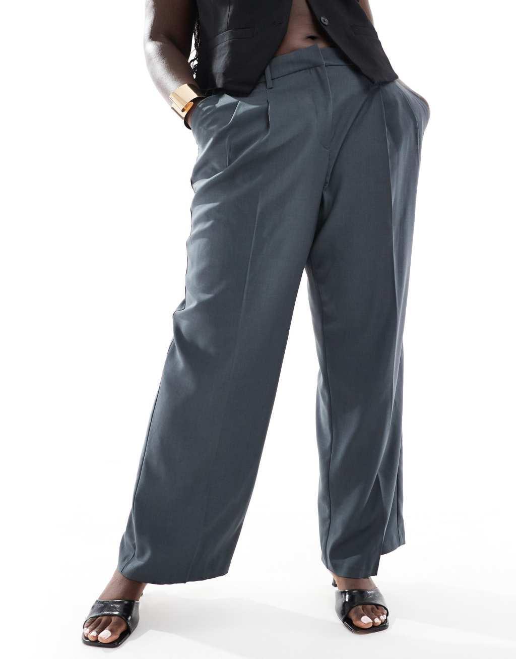 Vero Moda Curve Rita tailored wide leg dad pants in asphalt gray Product Image