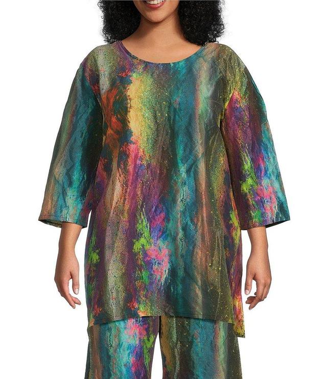 Bryn Walker Plus Size Jaida Taffeta Nebulosa Print Scoop Neck 3/4 Sleeve Oversized Tunic Product Image