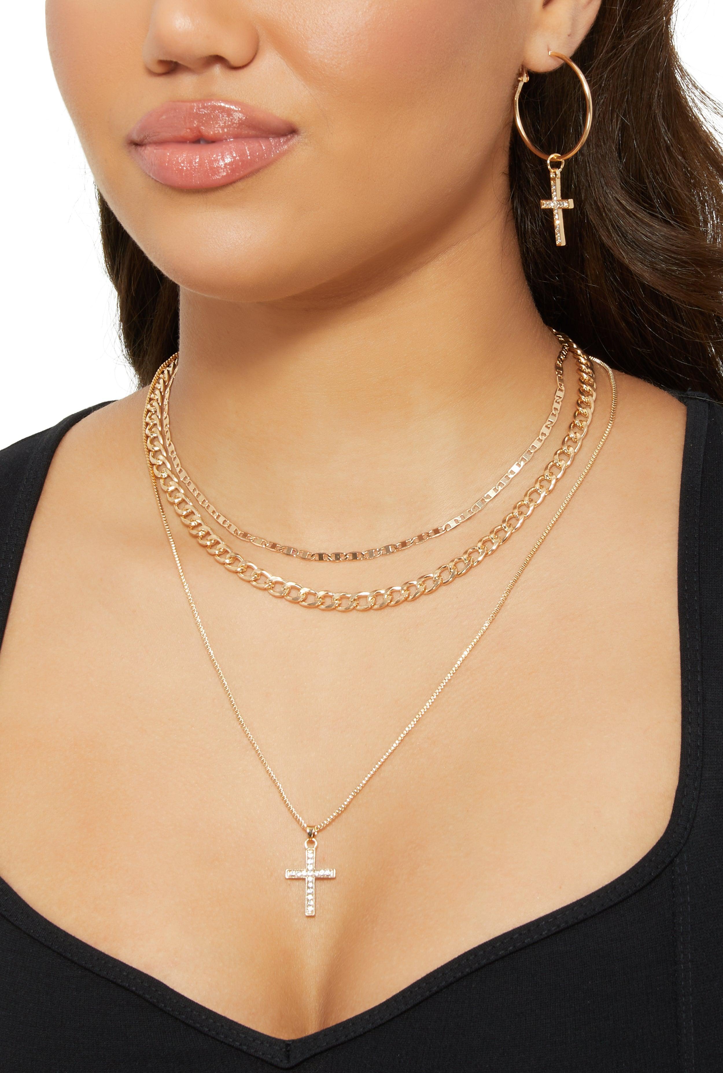 Cubic Zirconia Cross Layered Necklace and Earrings Set Female Product Image