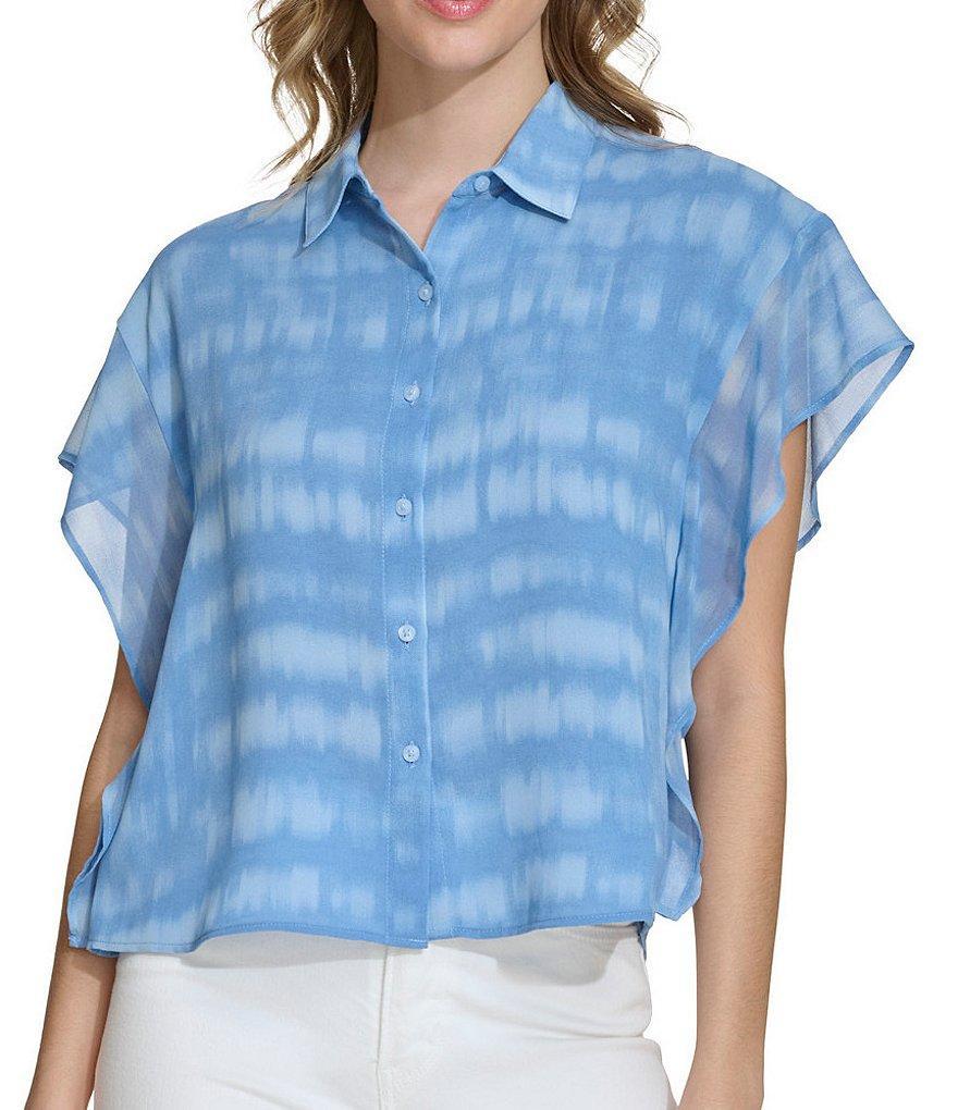 Calvin Klein Tie Dye Printed Point Collar Flutter Cap Sleeve Button Front Top product image