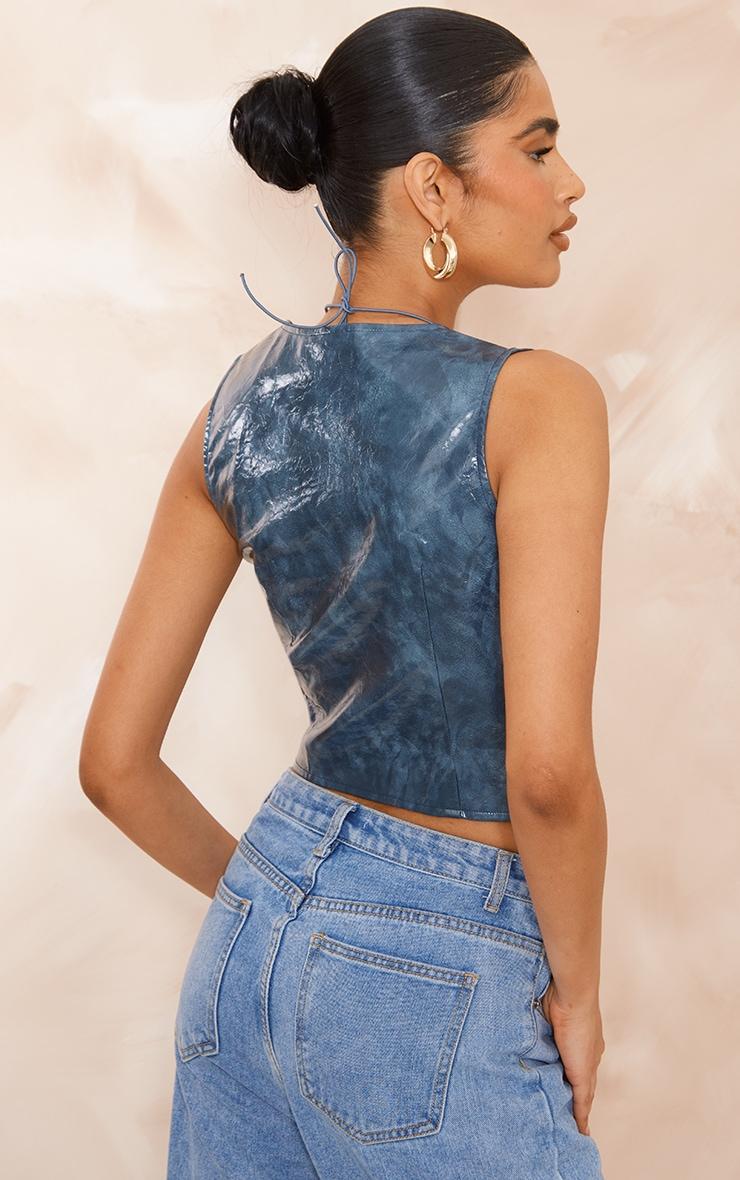 Blue Faux Leather Bralet Detail Long Top Product Image