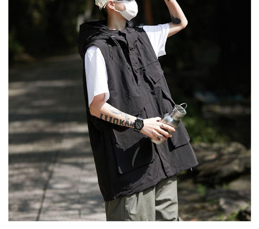 Plain Hooded Zip-Up Cargo Vest Product Image