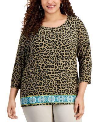 Plus Size Animal-Print 3/4-Sleeve Border-Hem Jacquard Top, Created for Macy's Product Image