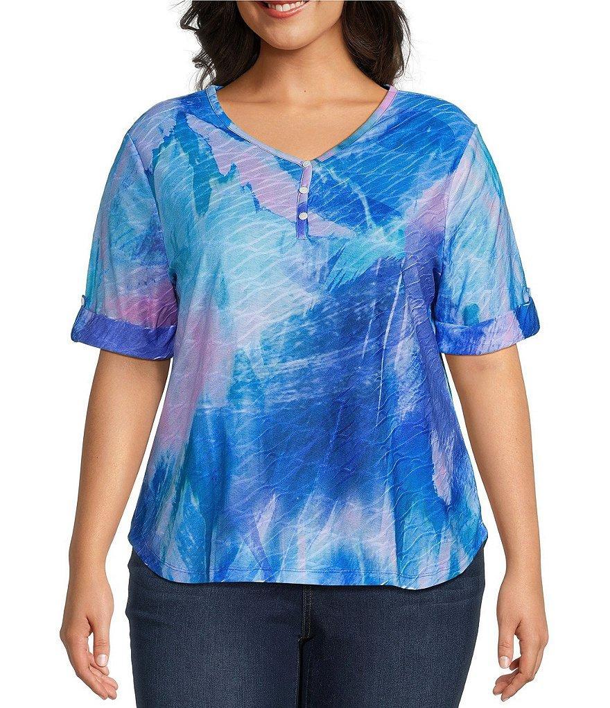 Leo & Nicole Plus Size Textured Knit Printed V-Neck Short Roll-Tab Sleeve Top Product Image