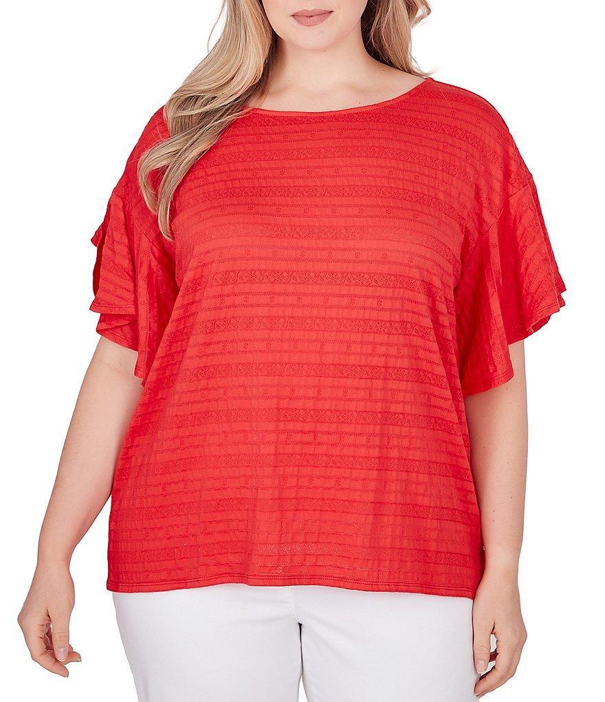 Ruby Rd. Plus Size Smocked Knit Crew Neck Short Flutter Sleeve Top product image