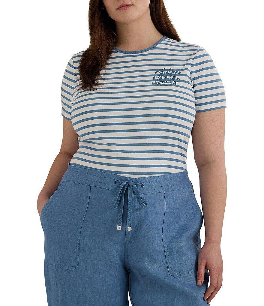 Lauren Ralph Lauren Plus Size Stretch Monogram LRL Stripe Crew Neck Short Sleeve Tee Shirt Product Image