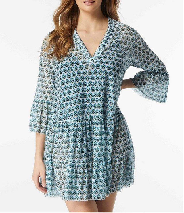 Coco Reef Island Lotus Print 3/4 Bell Sleeve Mesh Swim Cover Up Dress Product Image