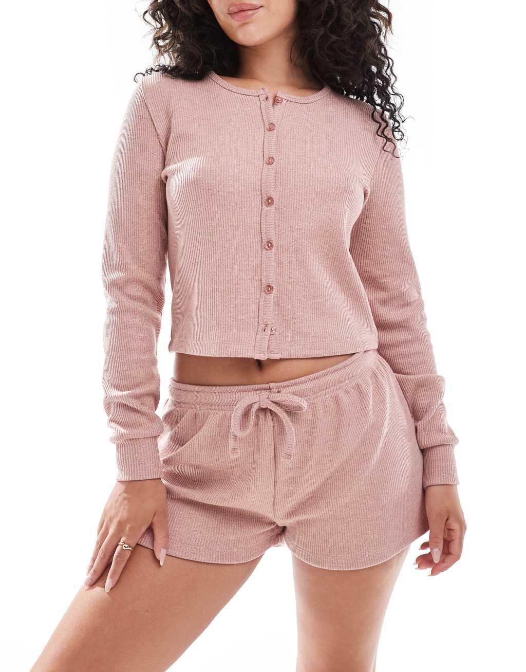 ASOS DESIGN lounge glitter waffle cardigan and short set in pink Product Image