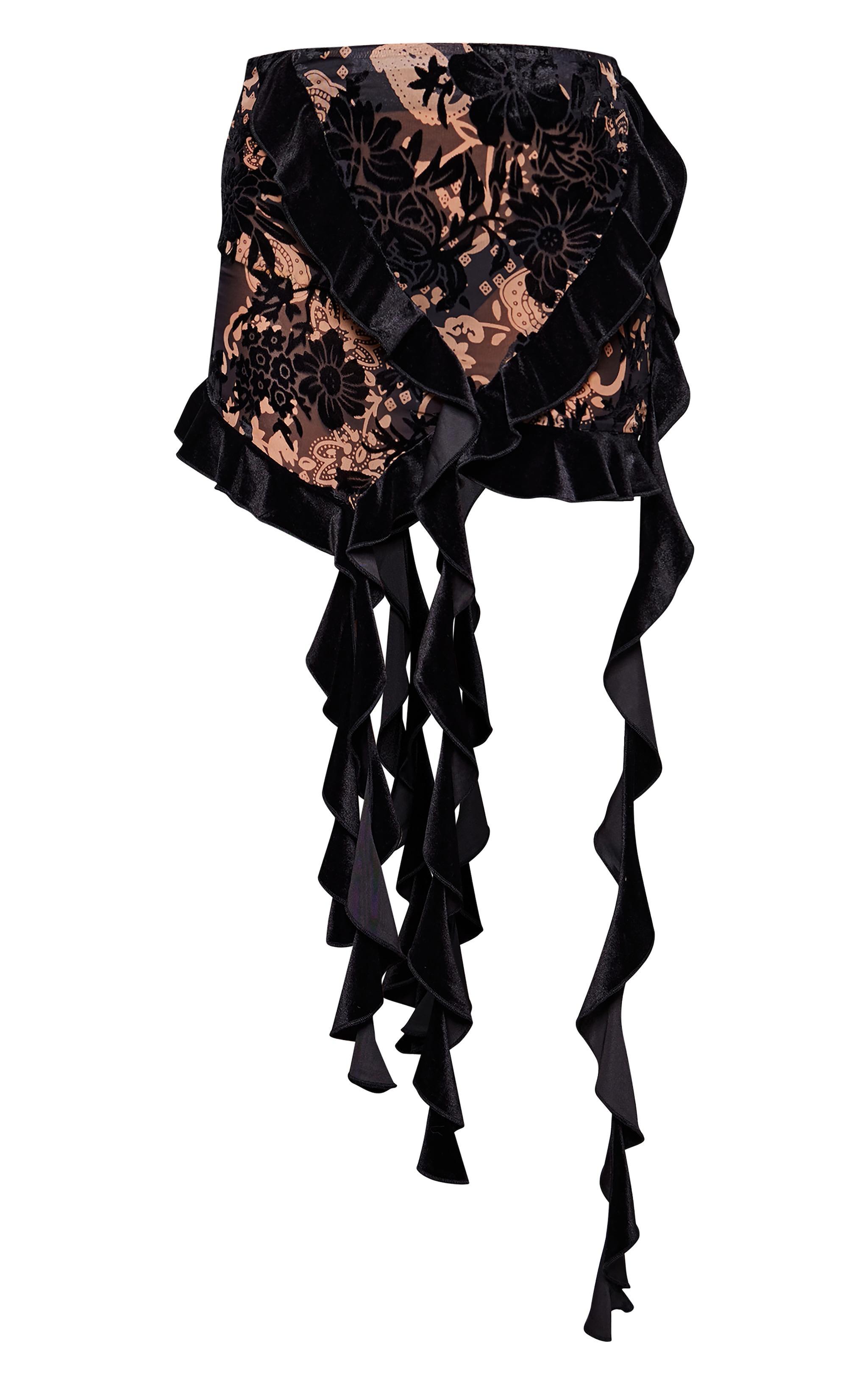 Brown Devore Velvet Ruffle Mini Skirt Product Image