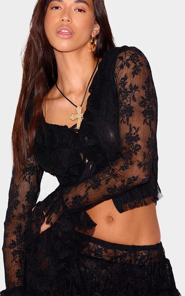 Black Floral Lace Ruffle Detail Tie Front Shirt Product Image