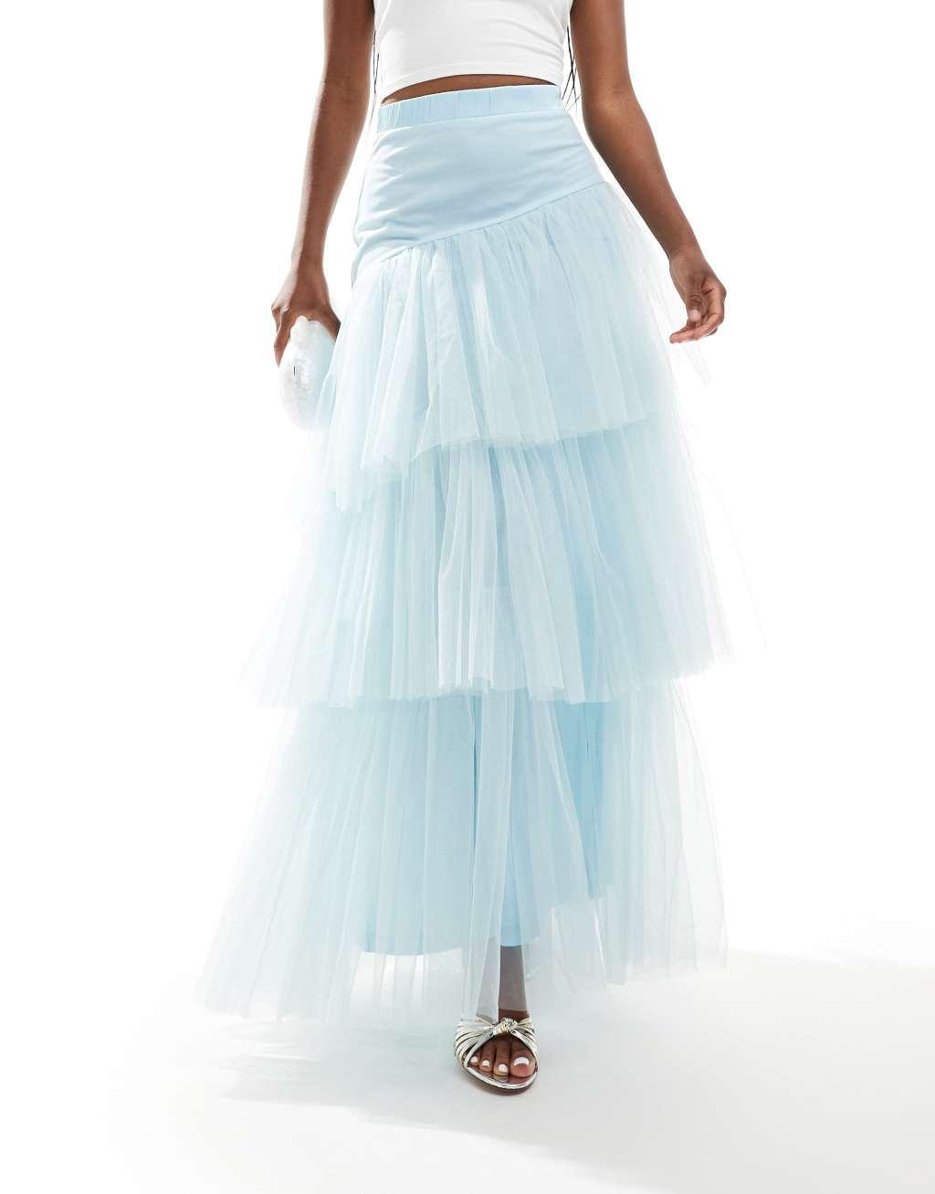 Lace & Beads asymmetric tulle maxi skirt in sky blue Product Image