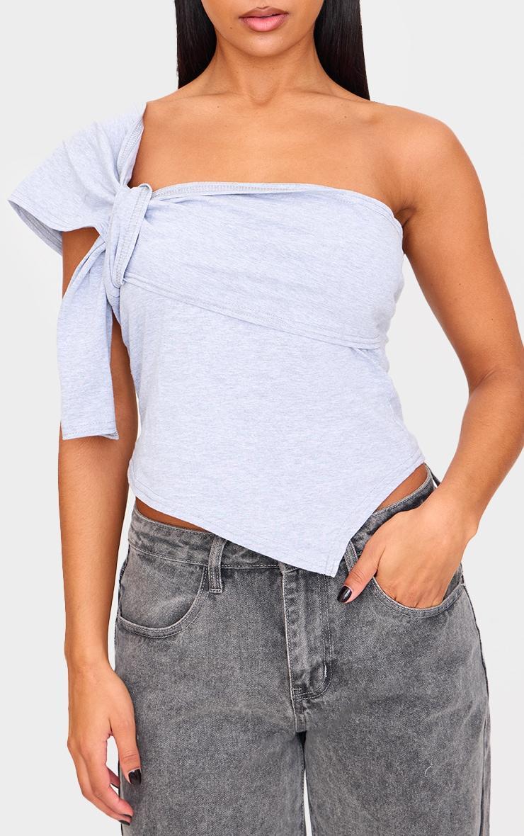 Grey Cotton Knot Detail Asymmetric Shoulder Long Top Product Image