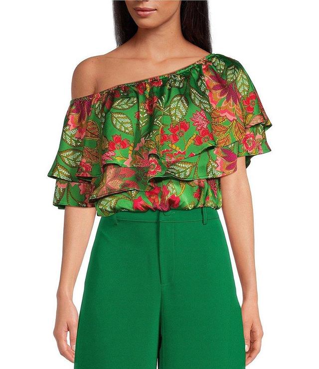 Sugarlips Charmer Tropical Floral Print Tiered Off-The-Shoulder Cropped Ruffle Top Product Image