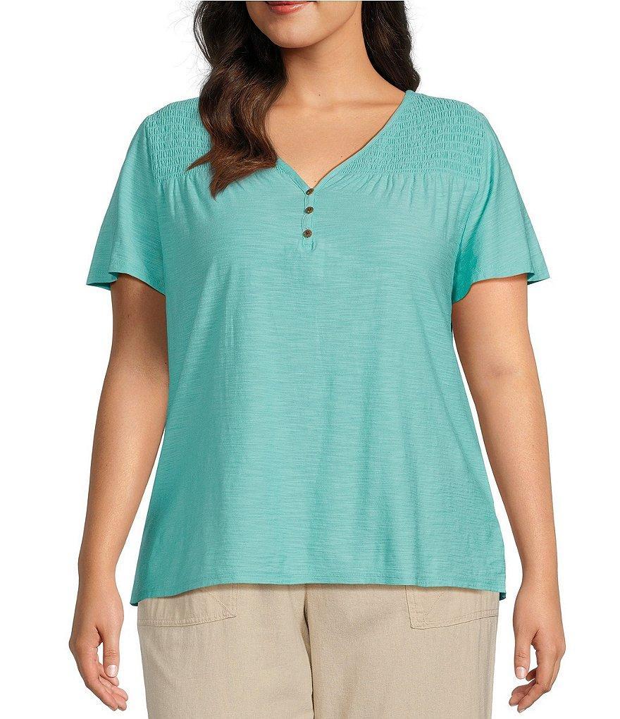 Westbound Plus Size Stretch Flutter Short Sleeve Smocked Button Front V-Neck Top product image