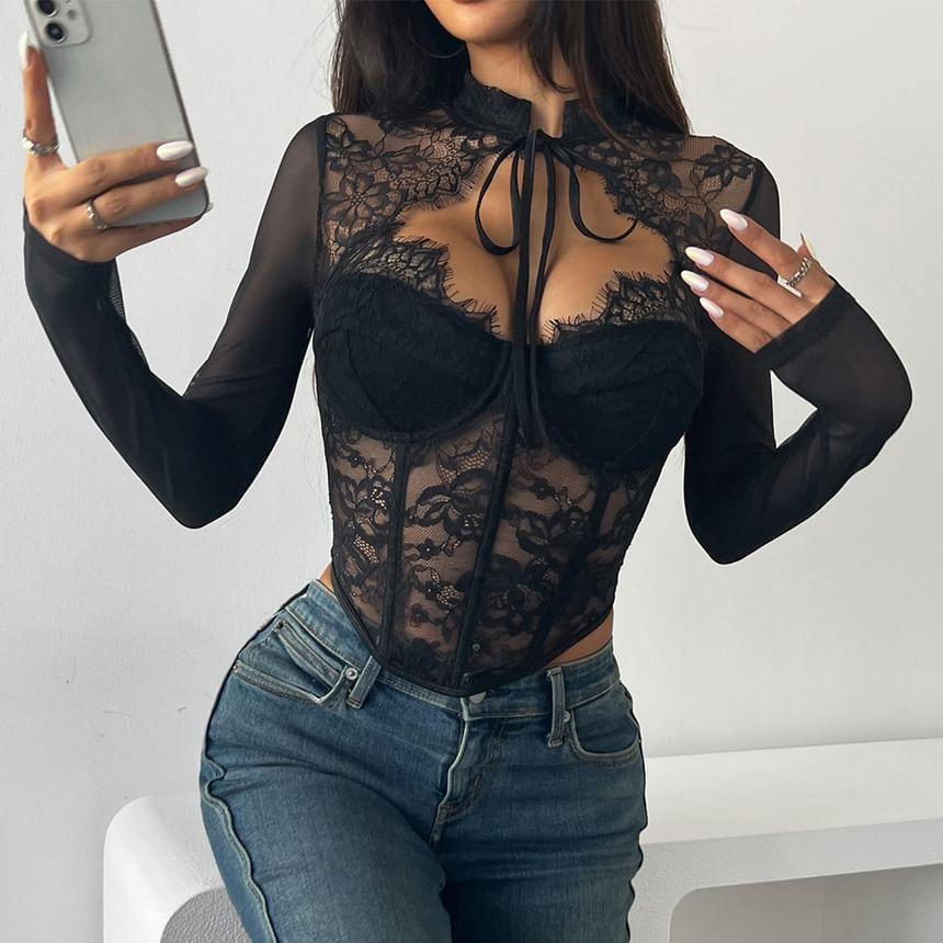 Long-Sleeve Mock Neck Plain Lace Panel Cropped Bustier Top Product Image