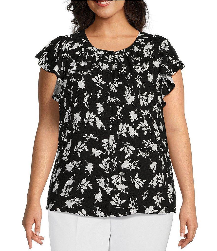 Investments Plus Size Floral Print Woven Scoop Neck Flutter Cap Sleeve Button Front Top Product Image