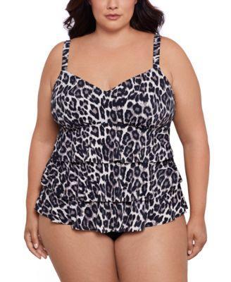 Swim Solutions Plus Size Printed Triple Tier Tankini Mid Rise Tummy Control Swim Bottoms Created For Macys Product Image