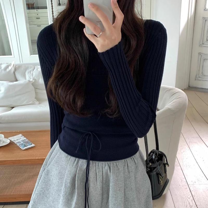 Set: Long Sleeve Round Neck Plain Ribbed Knit Top + Tube Top Product Image